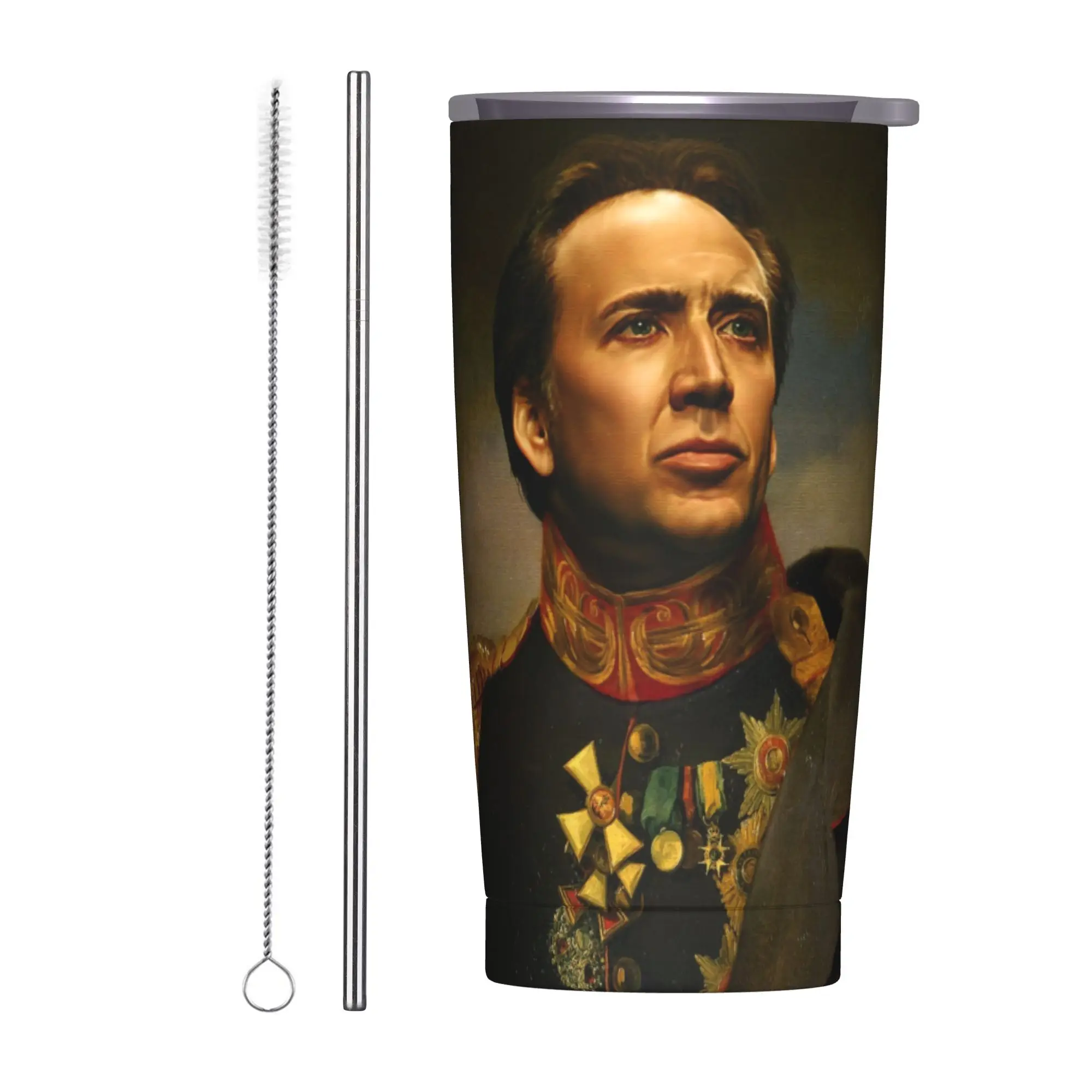 Neoclassical Portrait Nicolas Cage Print Tumbler Vacuum Insulated Thermal Cup with Lid Straw Smoothie Tea Mugs Spill Proof, 20oz
