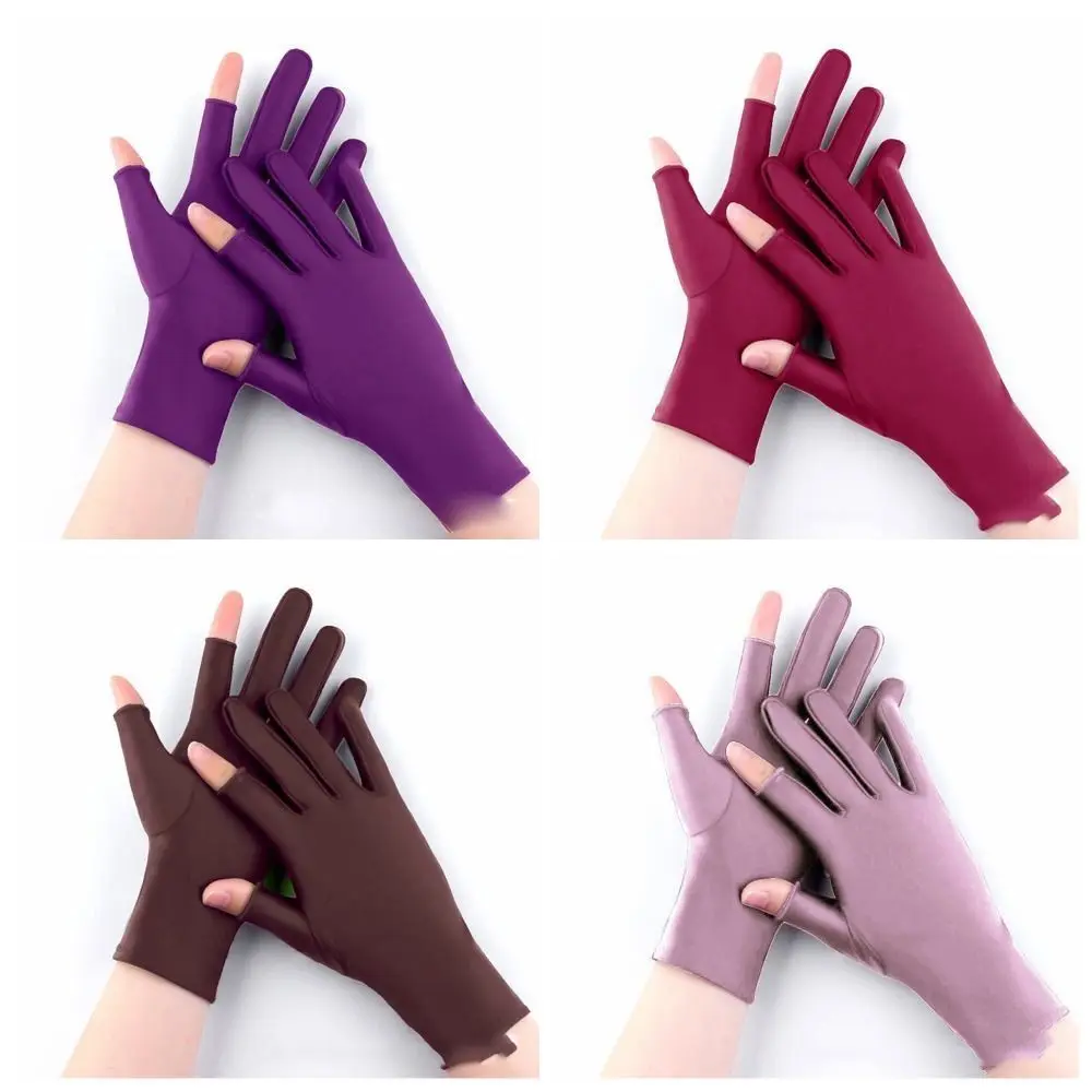 1 par elastano feminino luvas de proteção solar semi-dedo gelo seda fina luvas de seda gelo proteção solar resistente uv