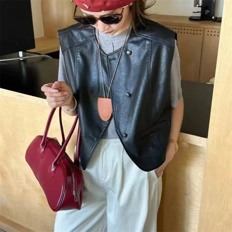 

Irregular Short Sleeveless Casual Leather Vest Women's Fashion Autumn New Style Korean Version Top Ultra-Short Length