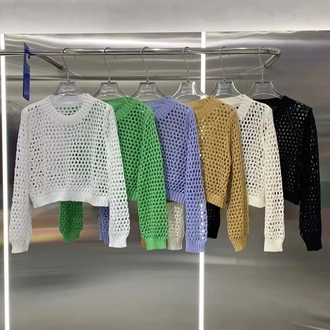 Women's Retro Sunscreen Hollow Out Knitwear Long Sleeve Cover Up Top Summer Design