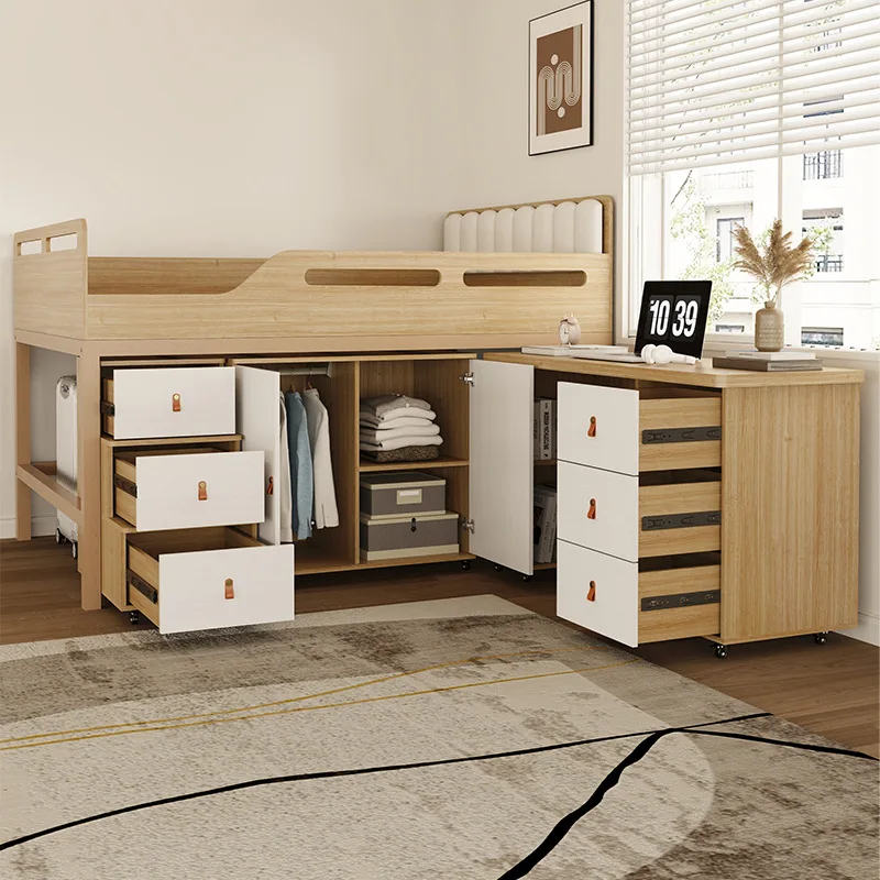 Modern simple steel frame bed 1.2 meters heightened fence with ladder cabinet desk combination bed