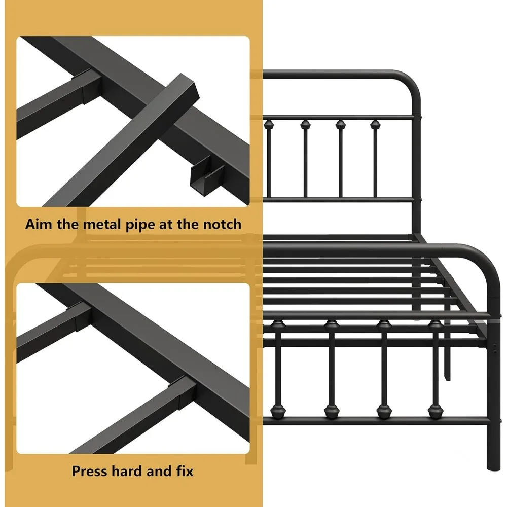 إطار سرير معدني بحجم كينج مع لوح رأسي، قوي وشديد التحمل، ودعم شريحة فولاذية، وحل تخزين تحت السرير