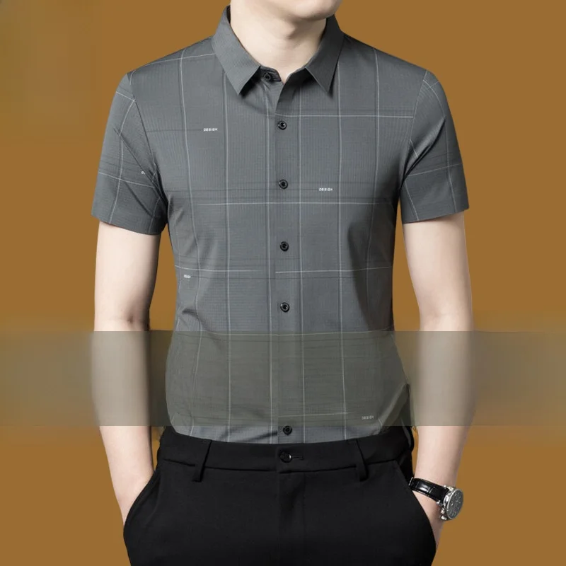 

Мужская летняя повседневная дышащая рубашка из ледяного шелка с коротким рукавом, приталенного кроя, в городском стиле, для молодежи, на каждый день, не требует глажки