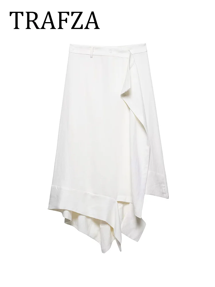 

TRAFZA Wrap Long Skirt For Women Elegant Chic Midi Skirt Irregular Hem Fold Decrotion 2025 Summer Fashion White Skirt Party Skir