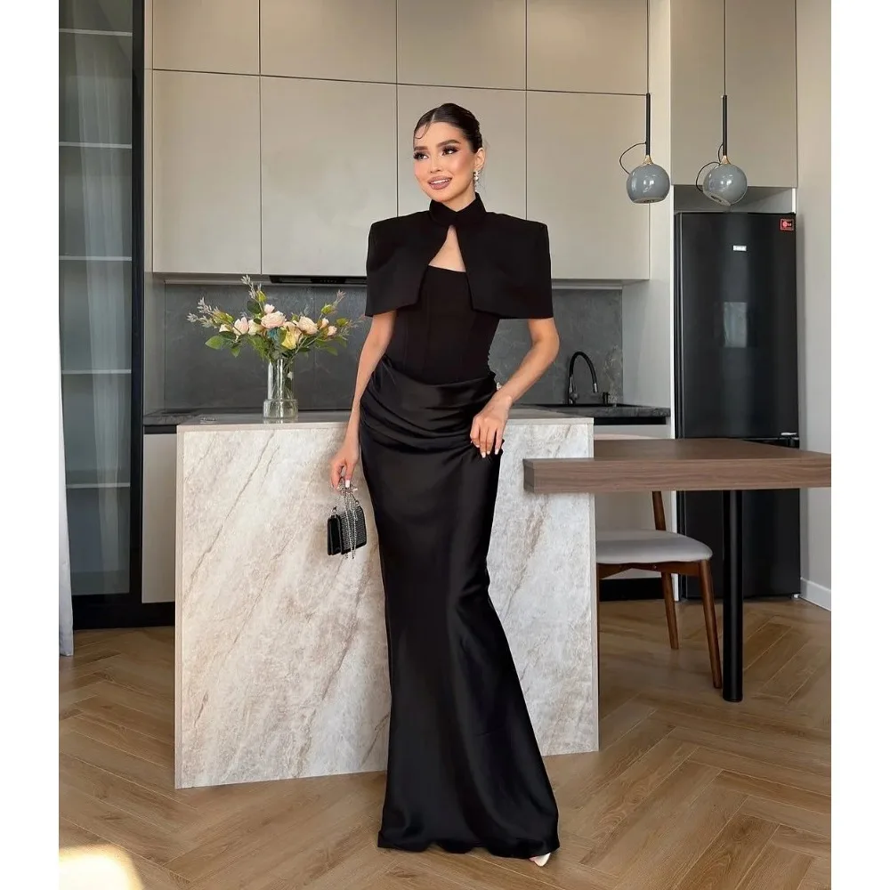 Customized Elegant Satin Slim Fit Mermaid Evening Gown 2026 Black Structured Cape Pleated Tight Ball Dress Suitable for Weddings