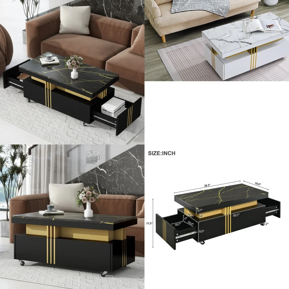 

Café TablesFaux Marble Top Coffee Table with Casters Modern Living Room Center Table Black
