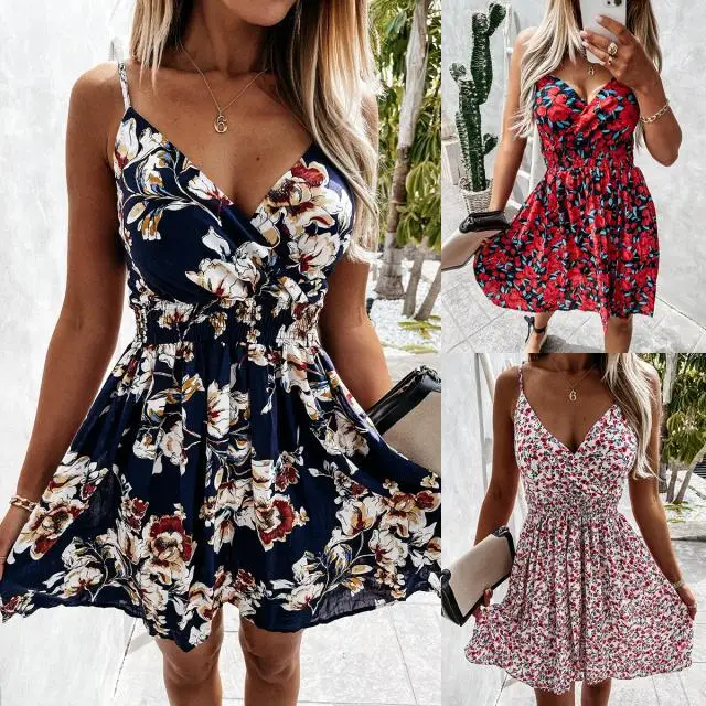 

2024 Summer New Sexy Fashion Suspender V-neck Sleeveless Floral Backless Waist Dress Women's Bohemian Mini Skirt