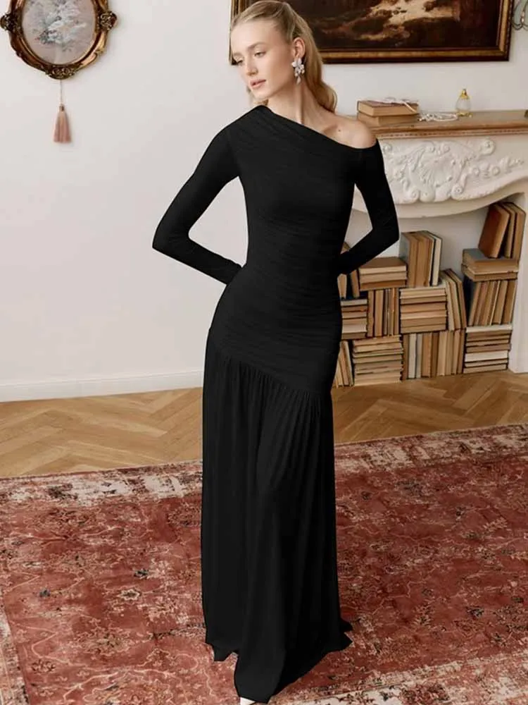 MCDV 秋 長袖 ラッフル セクシー マキシドレス レディース 斜め肩 エレガント 無地 Aライン ボディコン イブニング パーティー ドレス ガウン 2025
