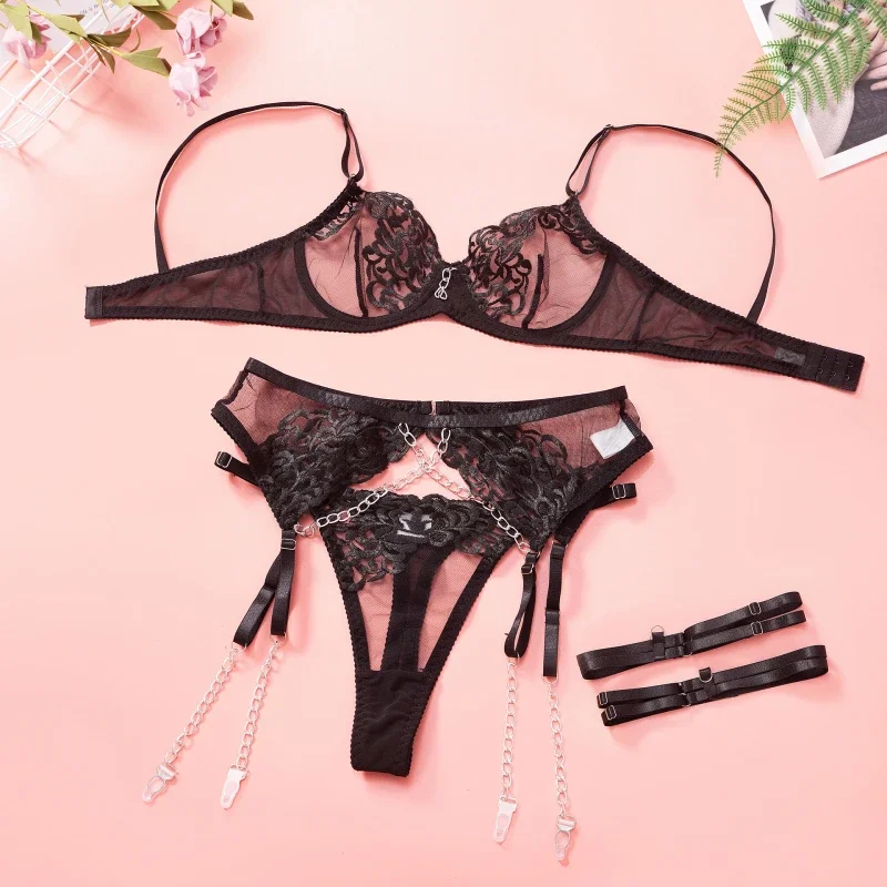

Metal Chain Embroidery Sexy Body Shaping Underwear Bra Set