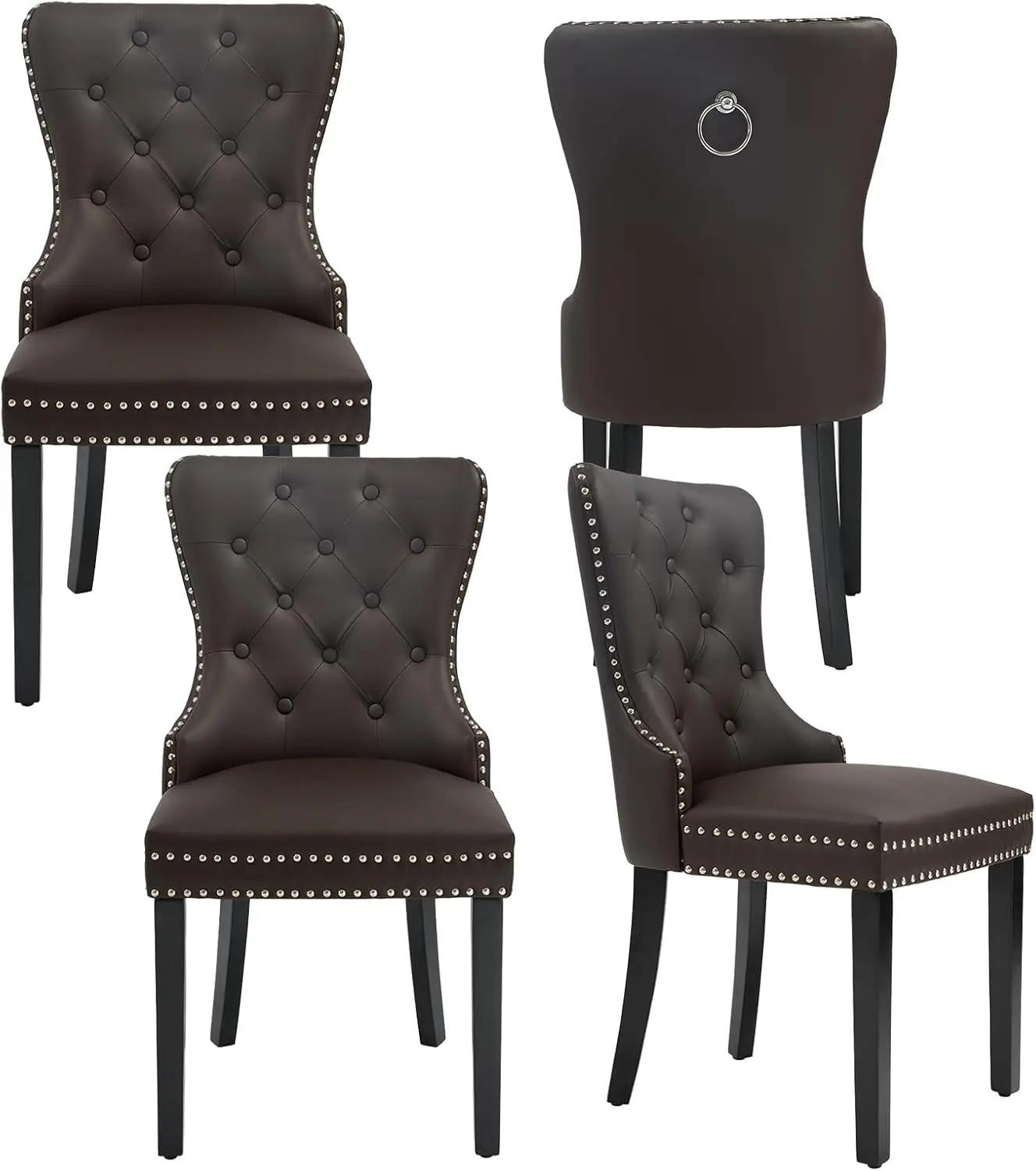 

PU Leather Dining Chairs Set of 4, Tufted Upholstered Dining Room Chair with Pull Ring and Solid Wood Legs, Brown
