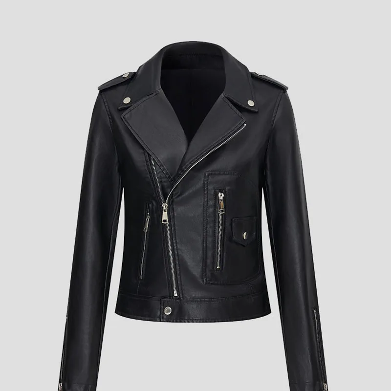 سترة جلدية نسائية 2025 موضة جديدة سوداء قصيرة للدراجات النارية بولي Leather سترة جلدية طية صدر السترة معطف جلد معطف ربيع الخريف الإناث