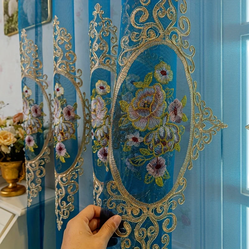1pc Royal Blue Court Style Rose Embroidered Sheer, Gold Hollow Lace Light Filtering Voile, Luxury Drapes for Living Room Bedroom