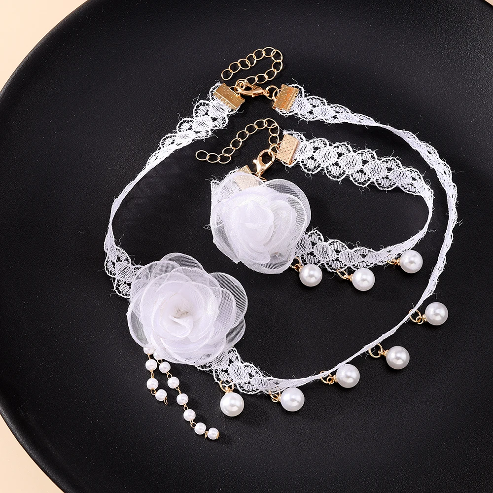 Aihua Elegante Weiße Perlen-Rosenblüten-Halskette für Damen, Imitationsperlen-Kurzkette, Choker, Hochzeitsschmuck, Geschenke – Detail 6