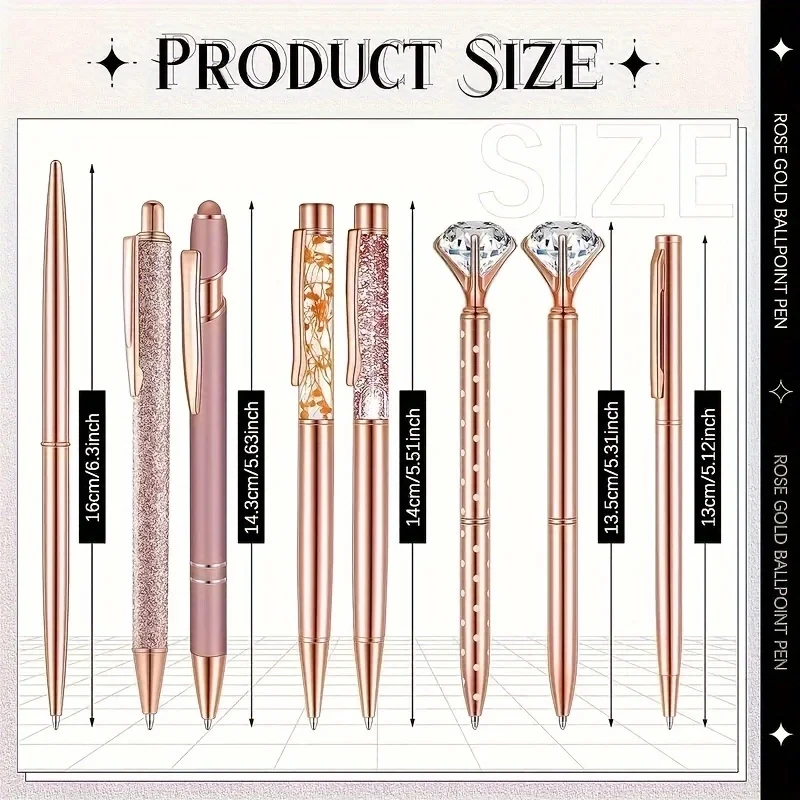 8pcs Rose Golden Metal Ballpoint Pen Set, Pearl Quicksand Crown, Love Artificial Diamond,School&Office Supply Gifts,Weddings