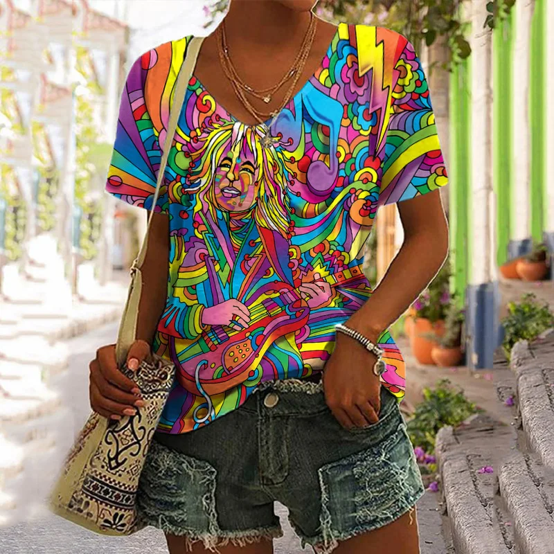 T-shirt manches courtes pour femme, estival et à la mode, avec imprimé hippicopter, à paillettes, grande taille, 2024