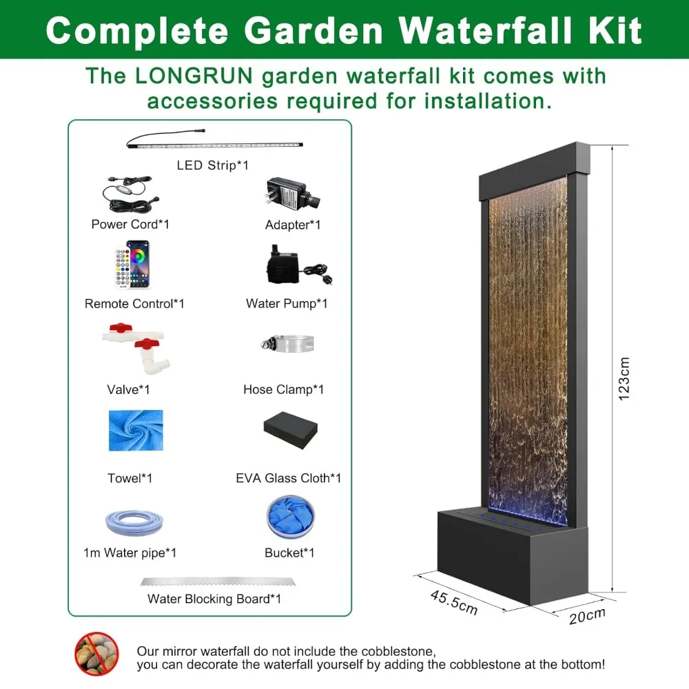 2024Indoor Water Fountain Mirror Waterfall Fountain with APP Controlled Multicolor LED Light, Floor Standing Fountains Kit, 48