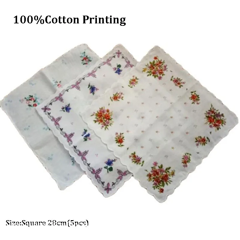 5pcs Vintage flower Women Square lady Handkerchief white lace Printed children Cotton wedding Christmas party hand towel hanky