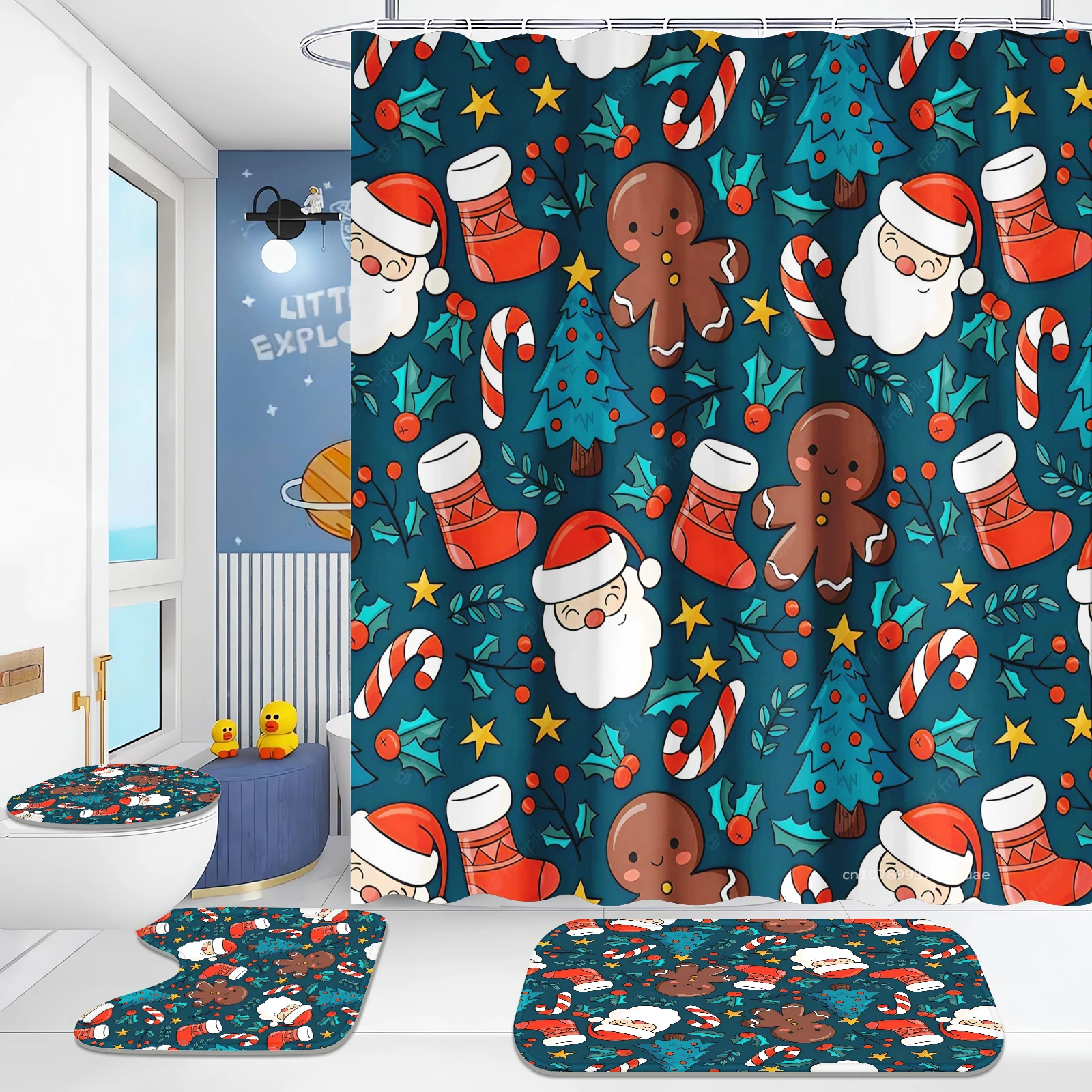 Shower Curtain Four-piece Set Christmas Elk Gift Box Socks Holiday Decoration  Bathroom Decoration Waterproof and Mildew-proof