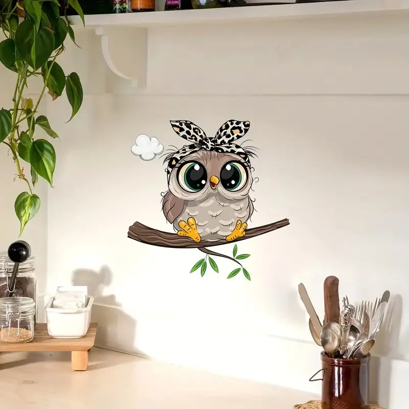 Adorable Cartoon Owl Self-Adhesive Wall Decal - Removable, Reusable PVC Sticker for Kitchen & Living Room Decor