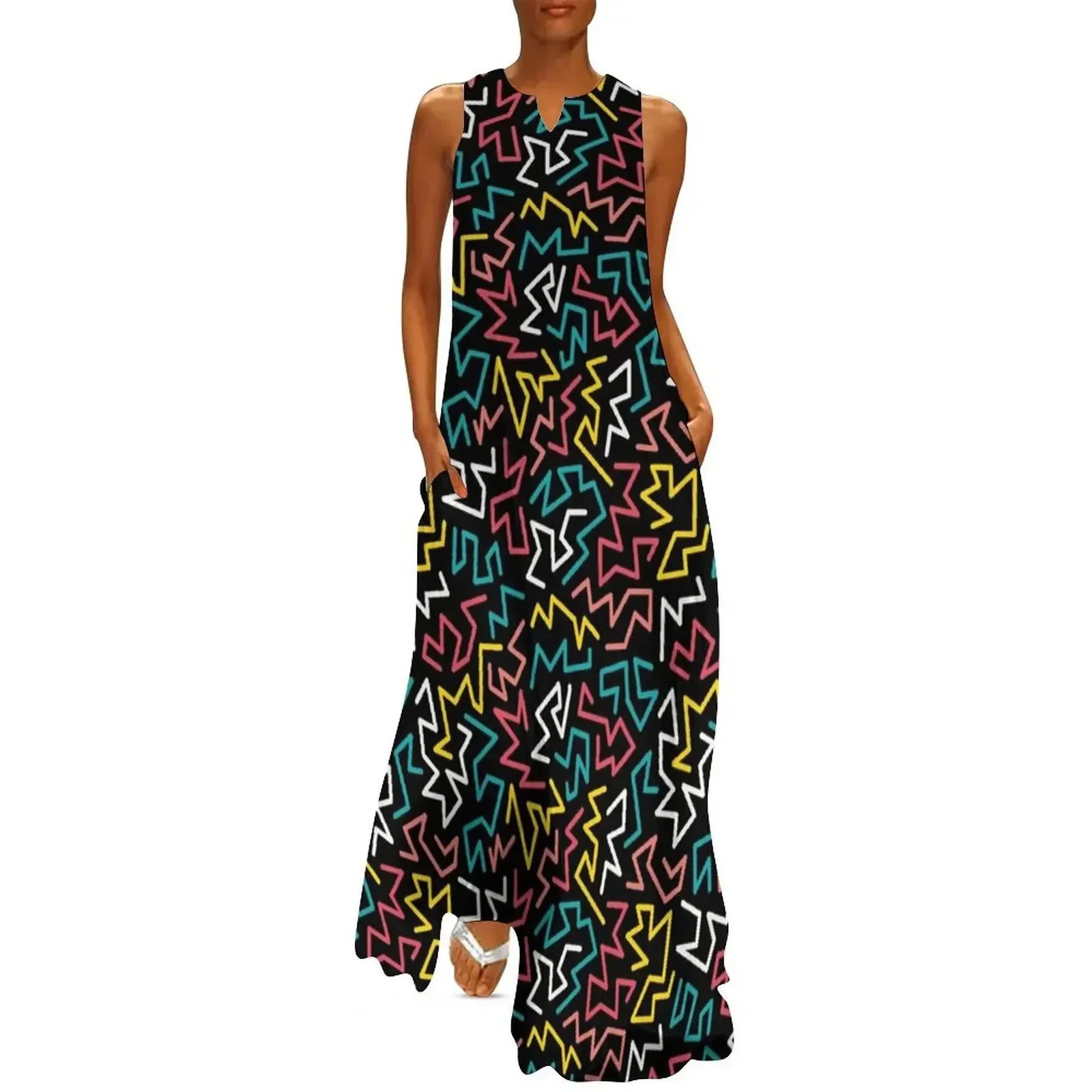 

Memphis dark pattern. Trendy geometric shapes 80s, 90s style. Long Dress loose summer dress Dress