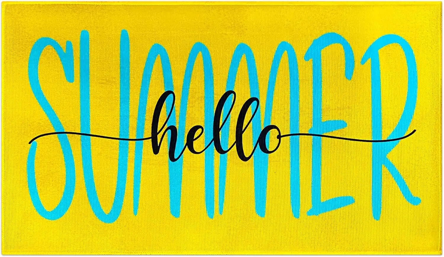 Trendy Yellow Summer Hello Typography Mat Rug for Home Decor Living Room Boho Kitchen Entryway Passage Floor Accessory