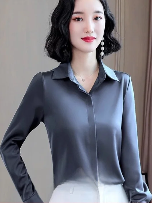 

Long Sve Silk irt, женский весенне-осенний модный топ 202, новинка Midlife Mom's irt, высококачественный шелковый топ для поездок на работу, слэ...