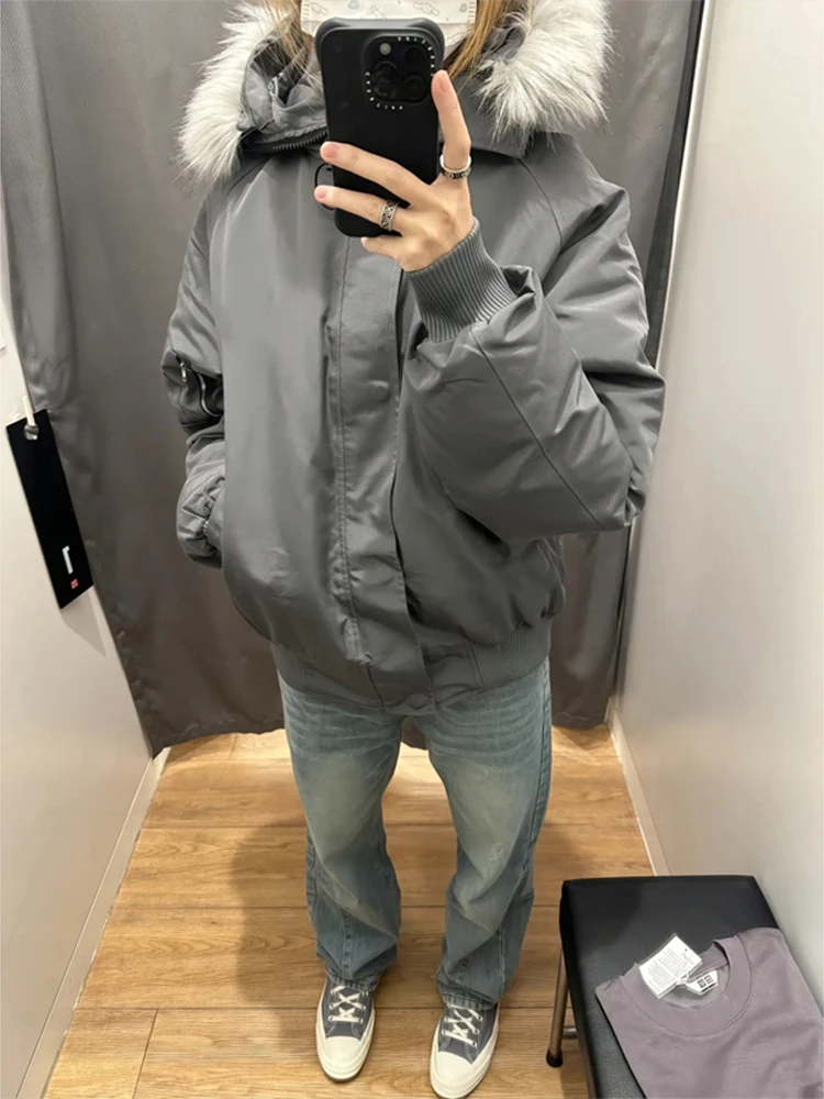 

Retro American Sle ex Parka Jaet Removable Fur Collar Cotton Coat Hooded Workwear Thiened Winter Outerwear