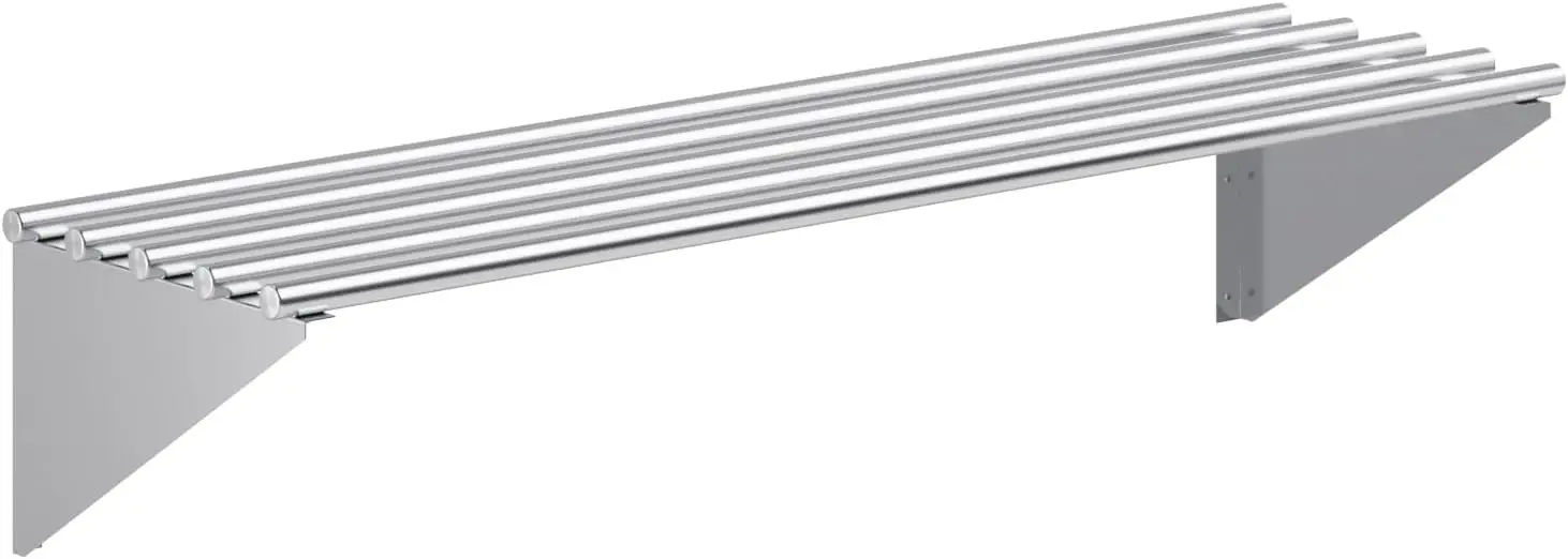 Heavy Duty Stainless Steel Wall Shelf, 48 in. x 14 in., NSF Certified 18 Gauge 430, 205 lb Capacity, Open Tubular Design for Glass Racks and Bus Tubs, Commercial Kitchen, Dish Room, Garage