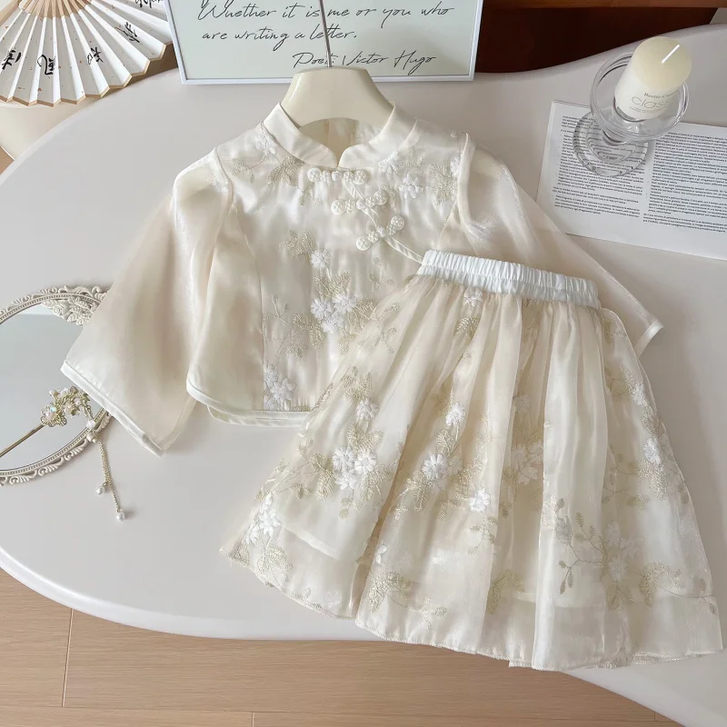 

Girls' Summer Outfit New Chinese Style Hanfu Shirt+Skirt Set Refreshing Ethnic Style Set