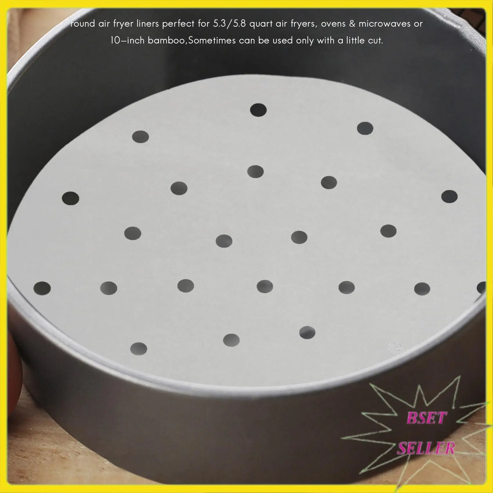 A010 100Pcs Air Fryer Liners, 9Inch Bamboo Steamer Liners, Premium Perforated Parchment Steaming Papers, Non-Stick Steamer Mat,