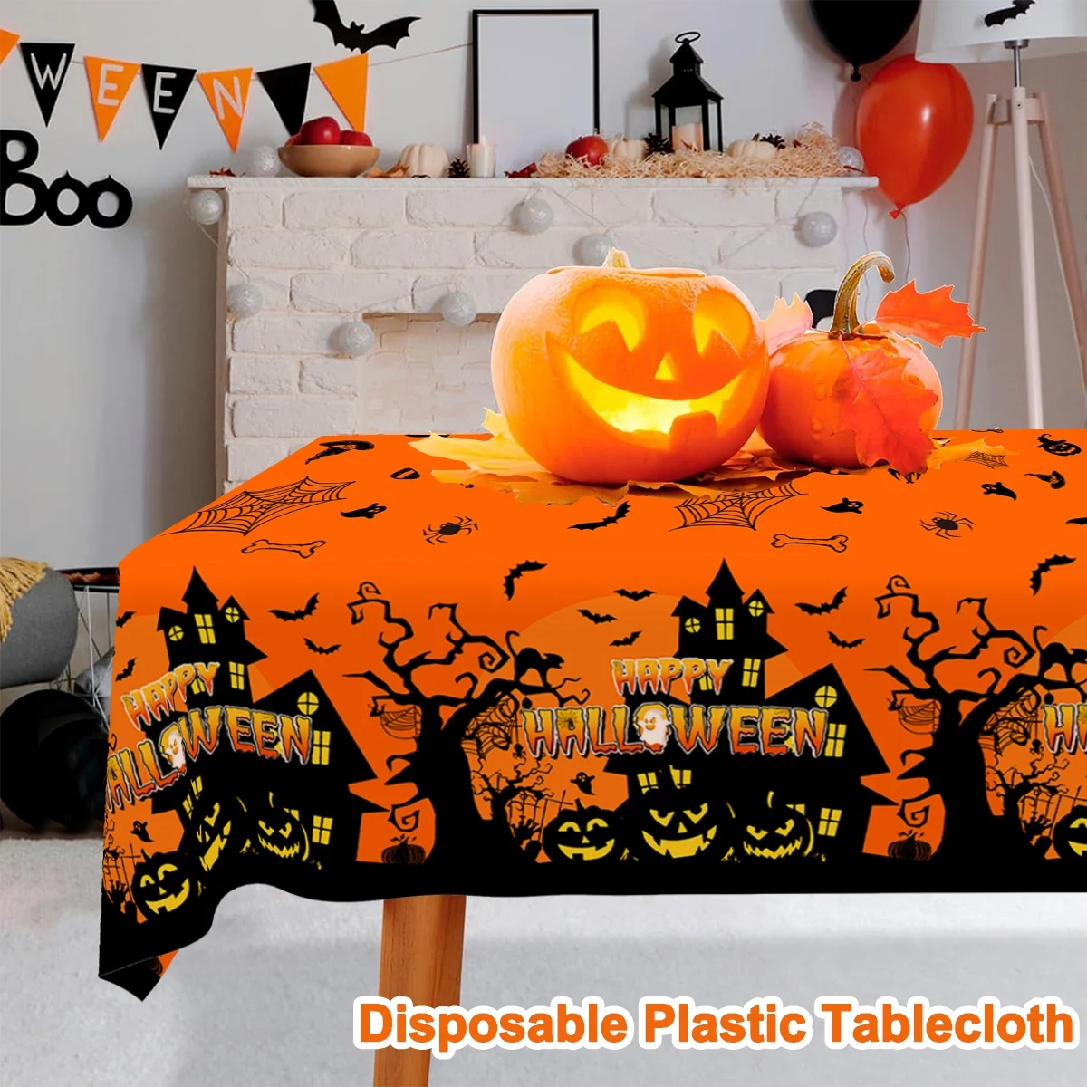 قطعة واحدة من غطاء طاولة شبح الرعب باللون البرتقالي والأسود، مفرش طاولة للهالوين السعيد للخدعة أو الحلوى لتزيين المنزل