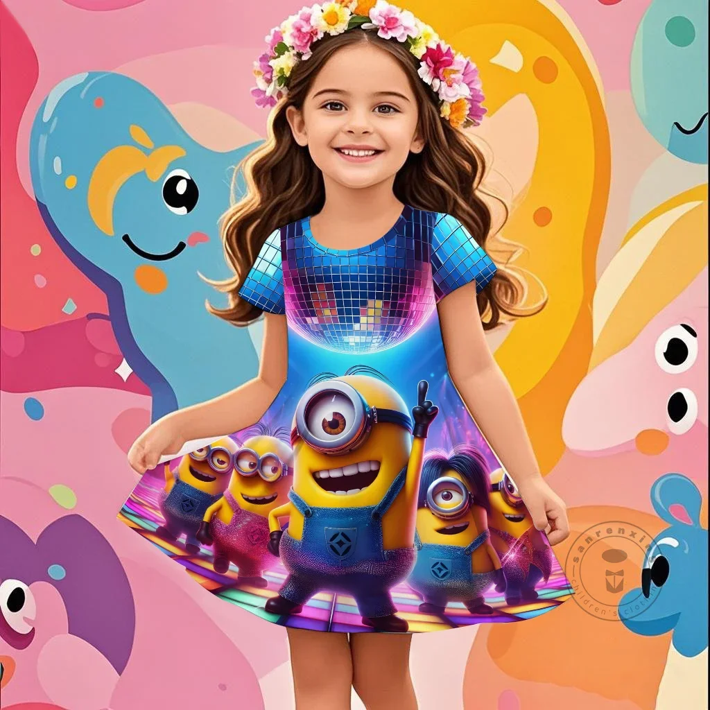 Hot Koop Kids Meisje Grappige Minions Top 3D Prinses Jurk Voor 2-14 Jaar Meisjes Verjaardagsfeestje Jurken comfortabele Korte Mouwen