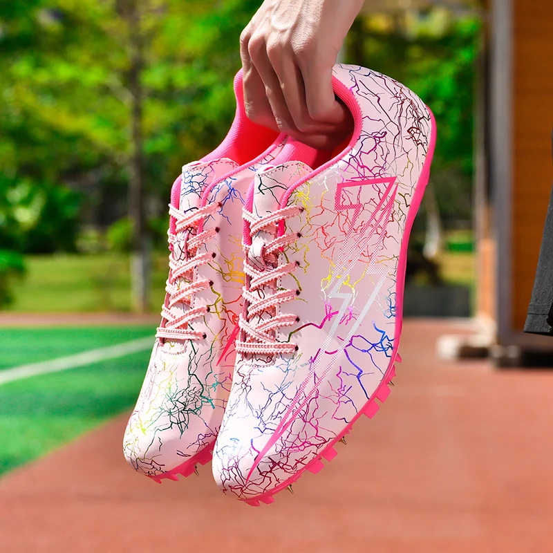 

Новые модные кроссовки с розовыми шипами, мужские кроссовки, профессиональные кроссовки для легкой атлетики, унисекс, мужская обувь с шипами для легкой атлетики