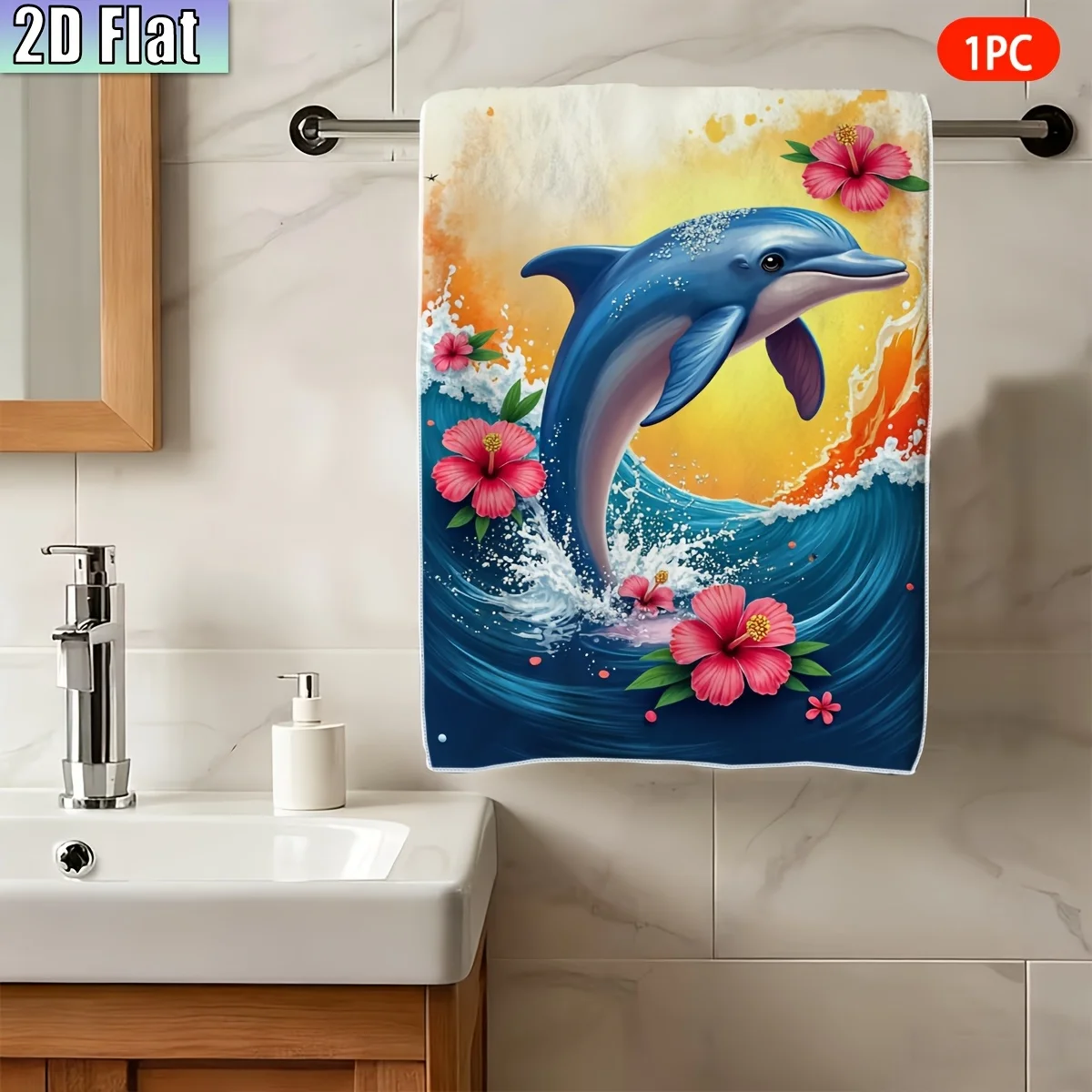 1pc Dolphin Hibiscus Wave Kitchen Towel, Soft Absorbent Hand Towel, Perfect for Bathroom,Kitchen,Pool, Beach, Dolphin Lover Gift