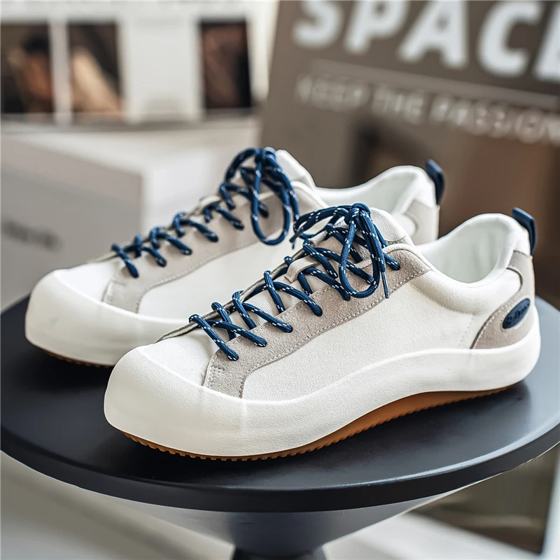 Men's Canvas Suede Patchwork Casual Sneakers Laceup Thick Platform Sole Round Toe Nonslip Daily Walking Flat Shoes