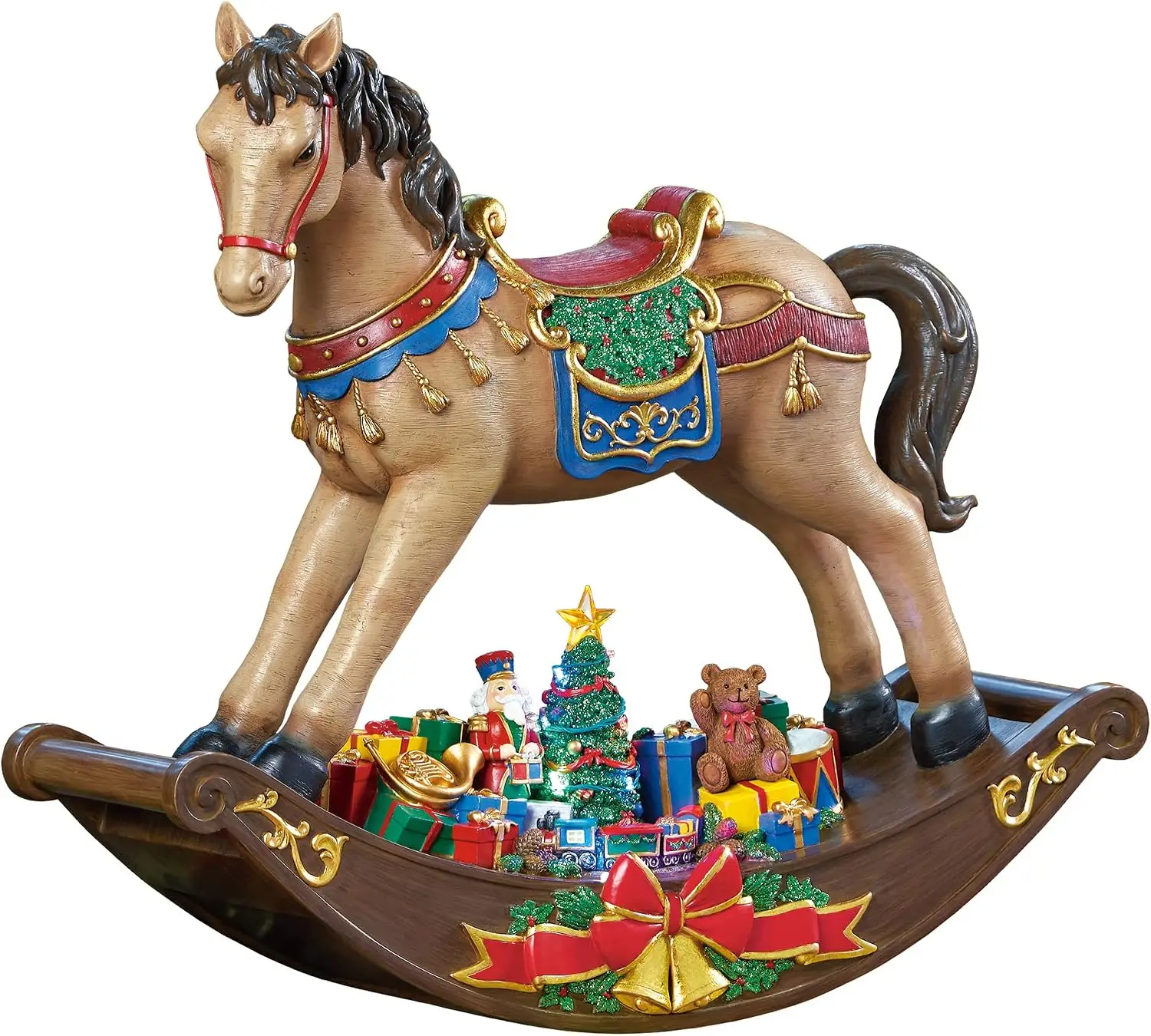 Christmas Holiday Musical LED Rocking Horse Decor, Light-Up Santa Tree Scene with Nutcracker Santa Placing Presents