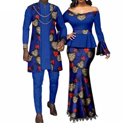 African Couple Matching Clothes for Wedding Women Slim Mermaid Dress Bazin Riche Men Coat Top Pant 3pcs Sets Dashiki Outfits