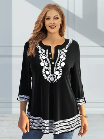 Chemisier Tunique Vintage Grande Taille pour Femme, Manches 3/4, Col Cranté avec Boutons Dorés, Coupe Ample Décontractée avec Bordure Florale