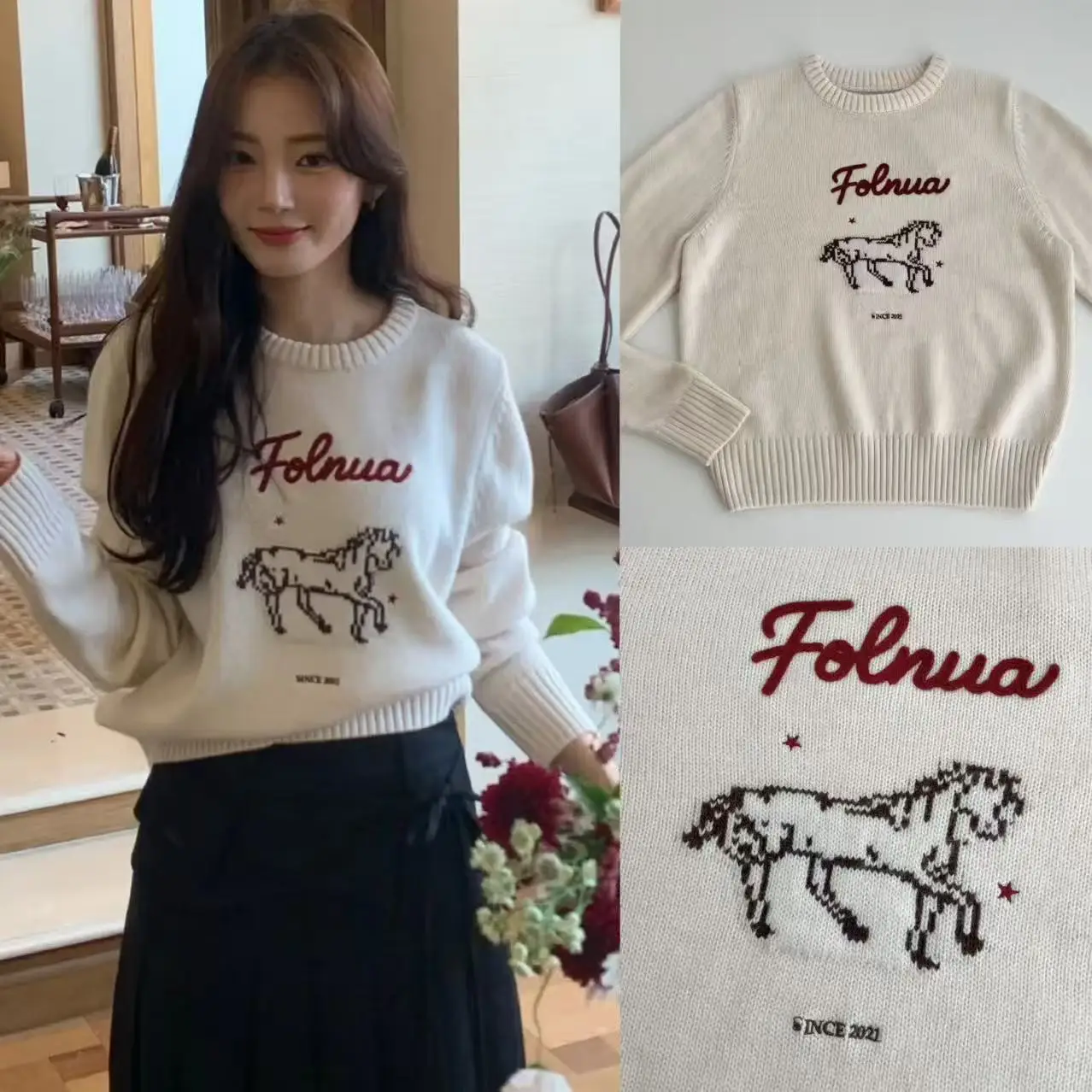 

Вязаный свитер с круглым вырезом в корейском стиле, свободного кроя, с длинными рукавами, базовый слой для зимы, коллекция Весна 2026, тематика Нового года, Aosphere Feeling