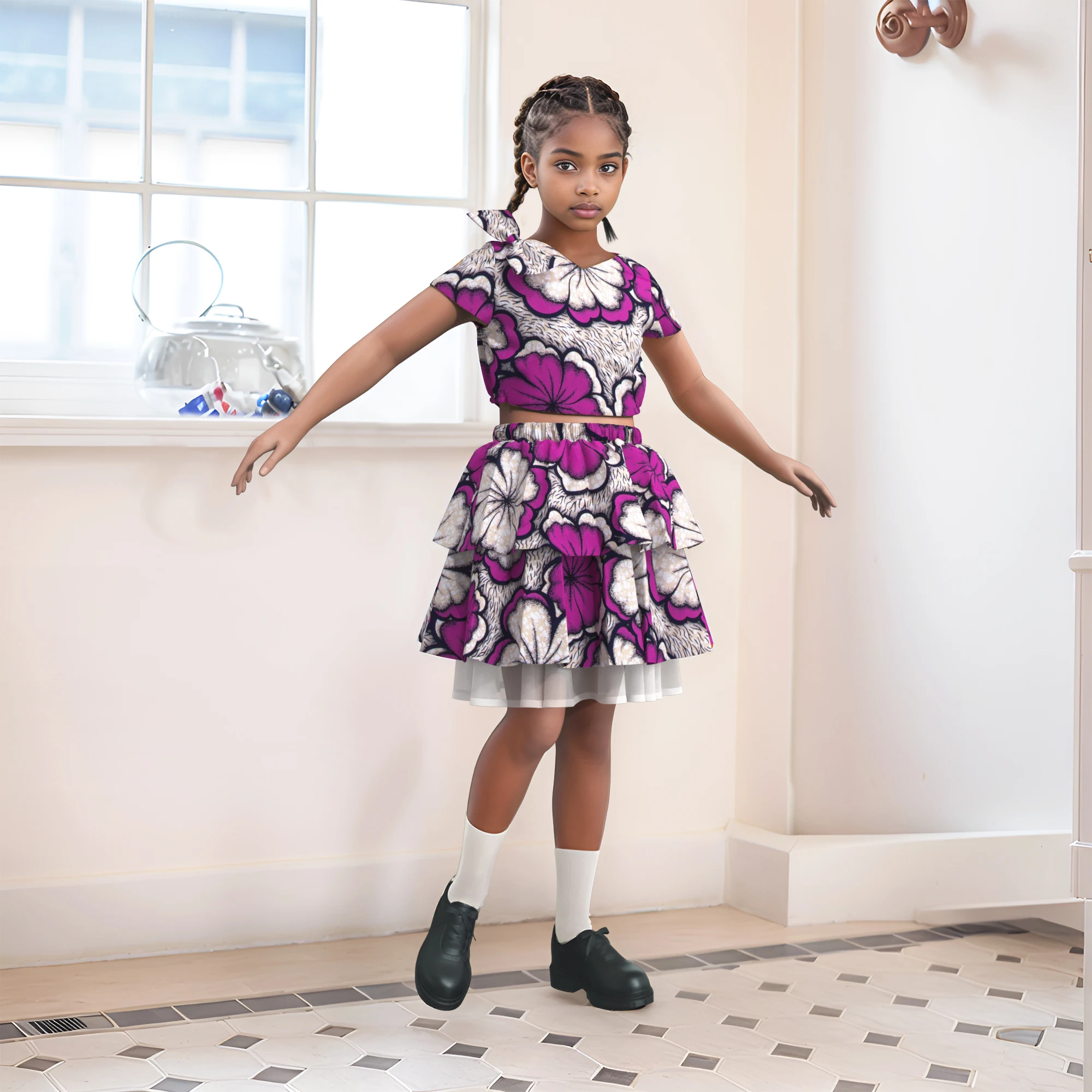 

2Pcs Sets African Children Folk Ethnic Style Outfits Girls Floral Top with Elastic Waist Skirts Suits for Festival Wear WYT871