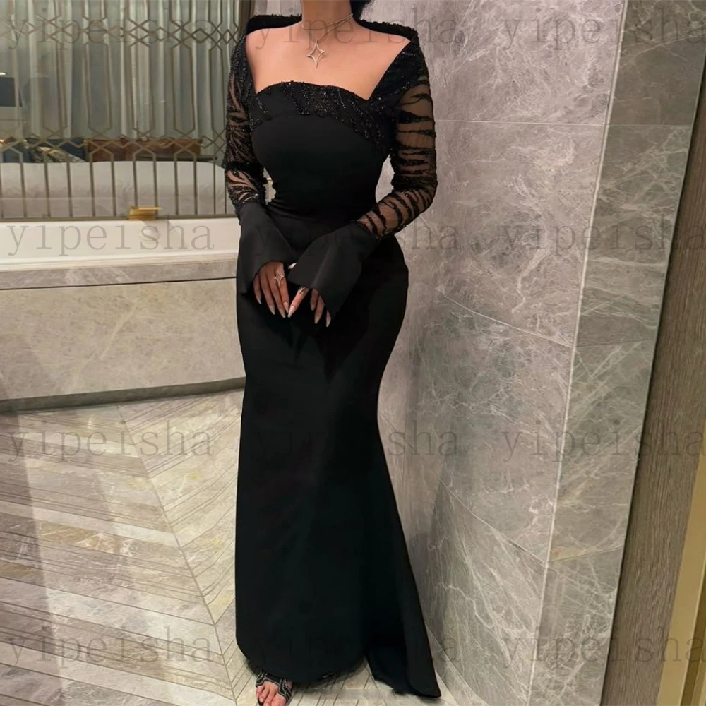 فساتين سهرة رسمية بحورية البحر بياقة مربعة مخصصة وأكمام طويلة بطول الأرض مزينة بالترتر والدانتيل للحفلات الراقصة #6