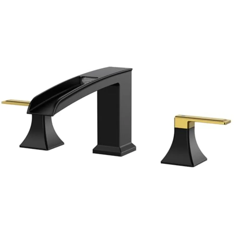 

Garden bathtub faucet set: waterfall black and gold 3-hole deck mount Roman tub faucet with 2 handles, widespread design, pre-i