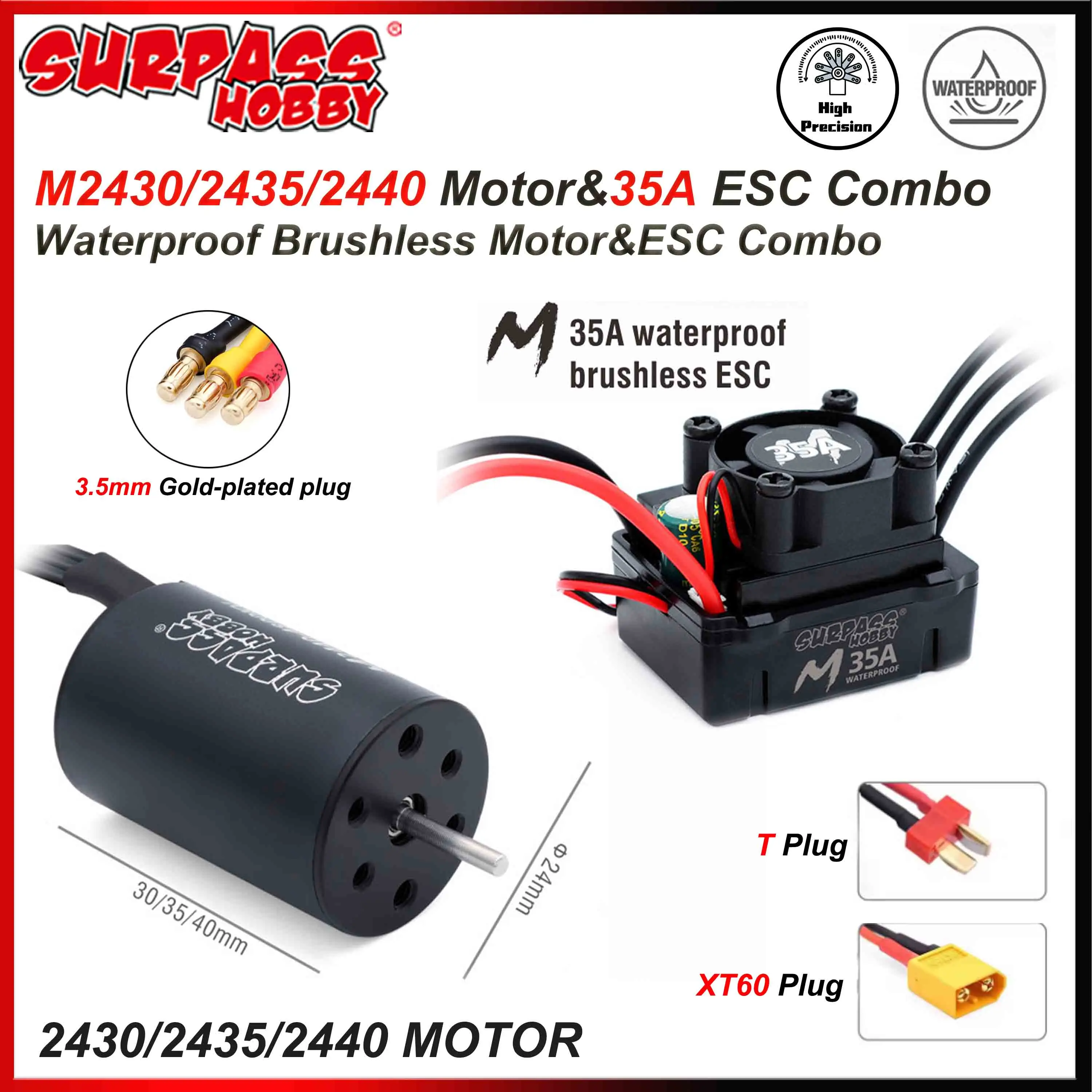 SURPASS HOBBY Waterproof Combo M2430/2435/2440 Brushless Motor with M35A ESC 2S for Wltoys 1/16 1/18 RC Truck Monster Car Boat