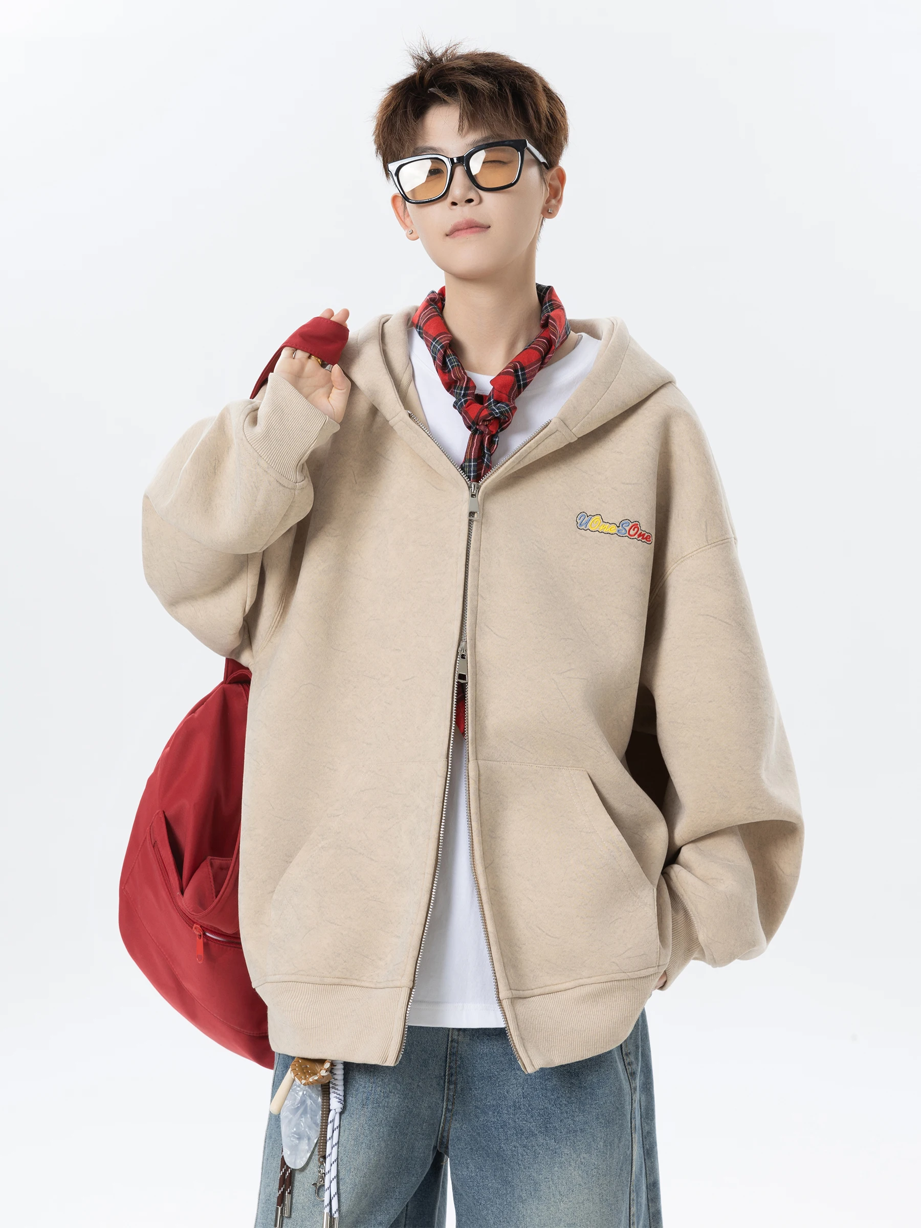 

Мужская толстовка Heavyweight Sand Waed свободного кроя с вышивкой и молнией, удобная, из хлопка и полиэстера, повседневная