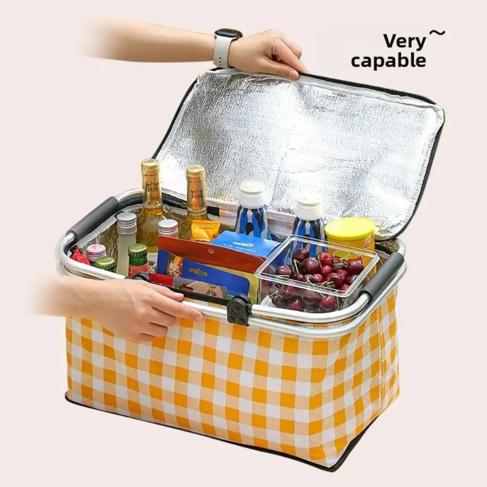 Large Capacity Insulated Picnic Basket Leak Proof Strong Metal Handle Thermal Lunch Bag Aluminum Foil Lining Foldable Design