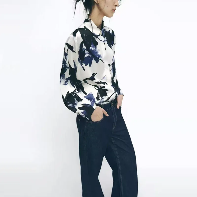 

Шелковый атлас Feel Long Sve с принтом и воротником-стойкой Street Sle, женская весна 2025 Z, полиэфирное волокно 00%