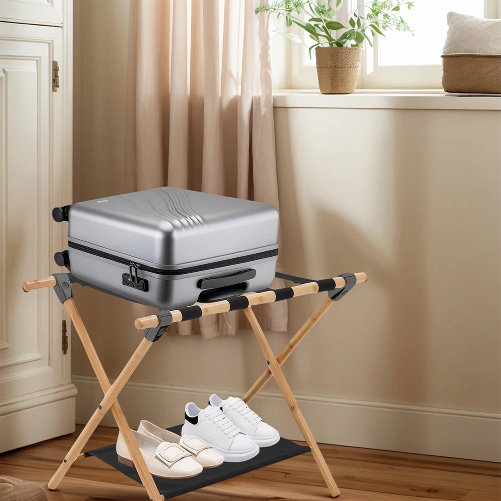 Stojak na walizkę bambusowy składany uchwyt na walizkę z nylonowymi paskami wspornik na walizkę do pokoju gościnnego sypialni hotelu