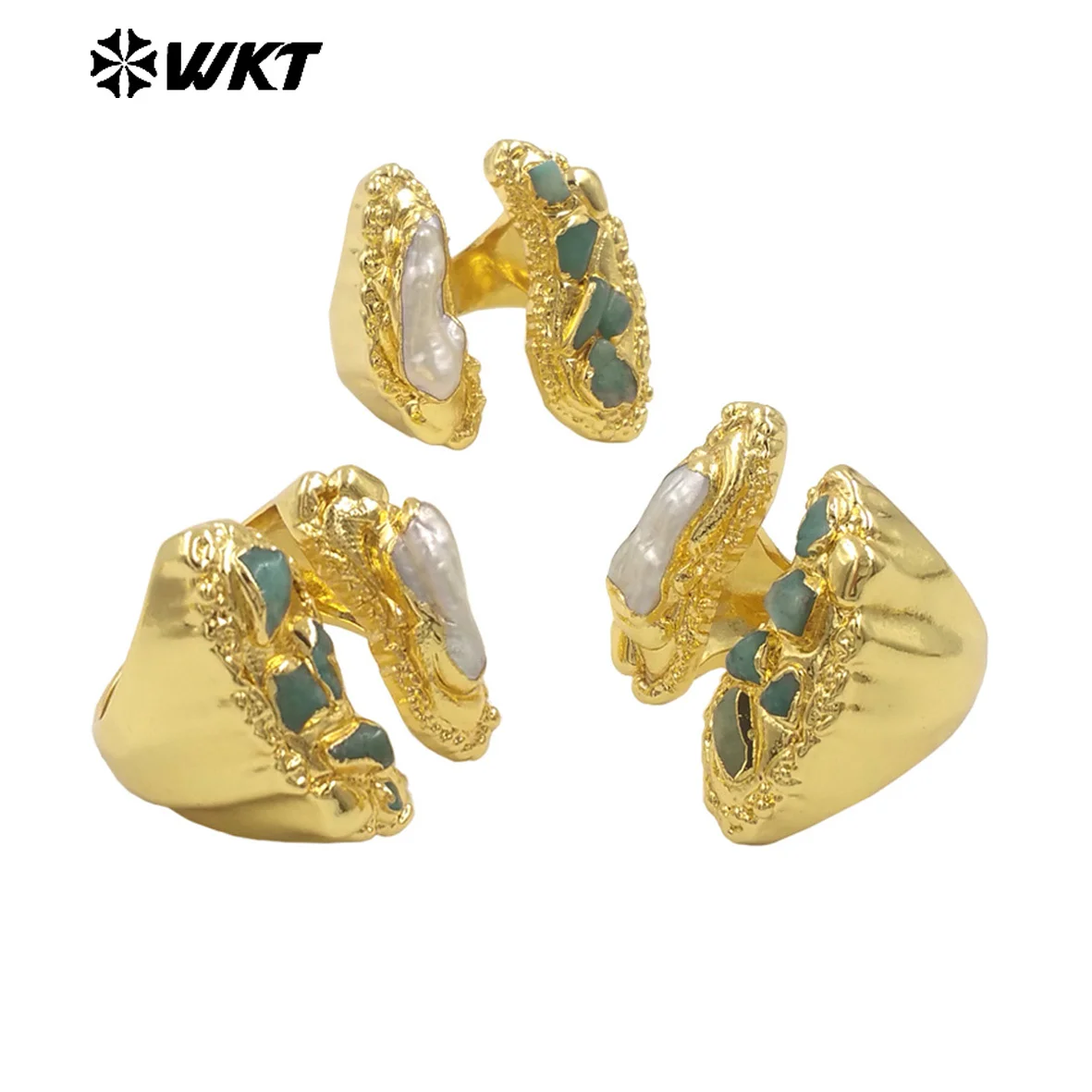 WT-MPR108 Natural Stone Quartz And Freshwater Pearl Exaggerate Design 18k Gold Plating Adjustable Ring For Party Jewelry