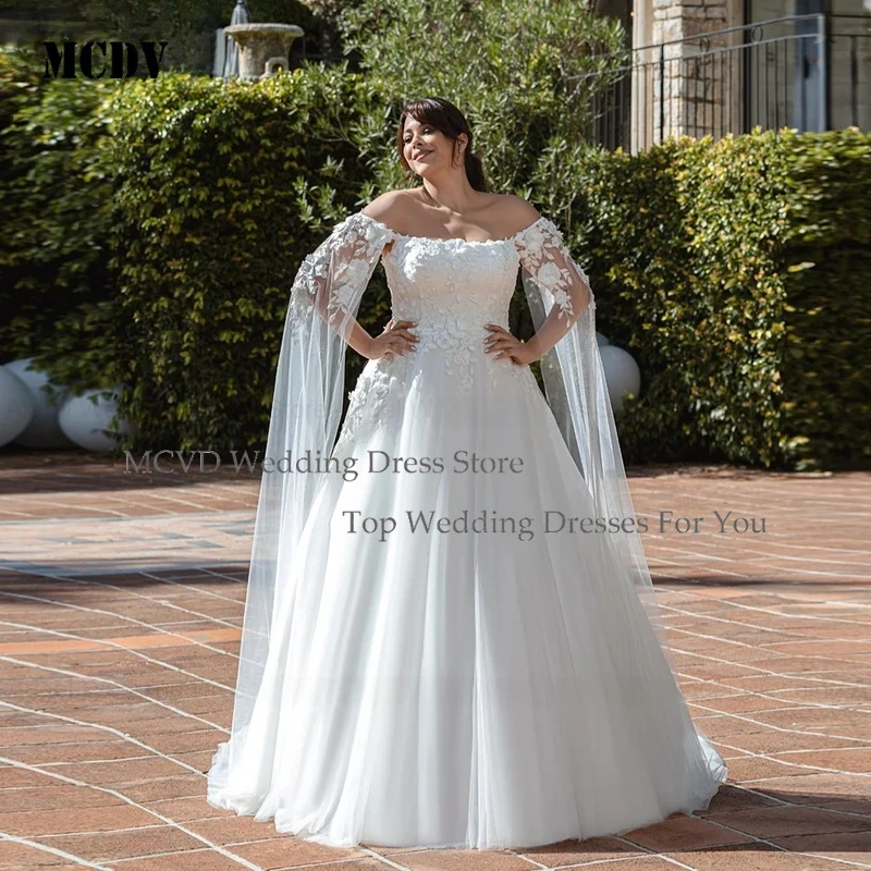 

MCDV Exquisite A Line Off Shoulder Plus Size Wedding Dress Customized Backless Bridal Gown Lace Applique Bridal Dress