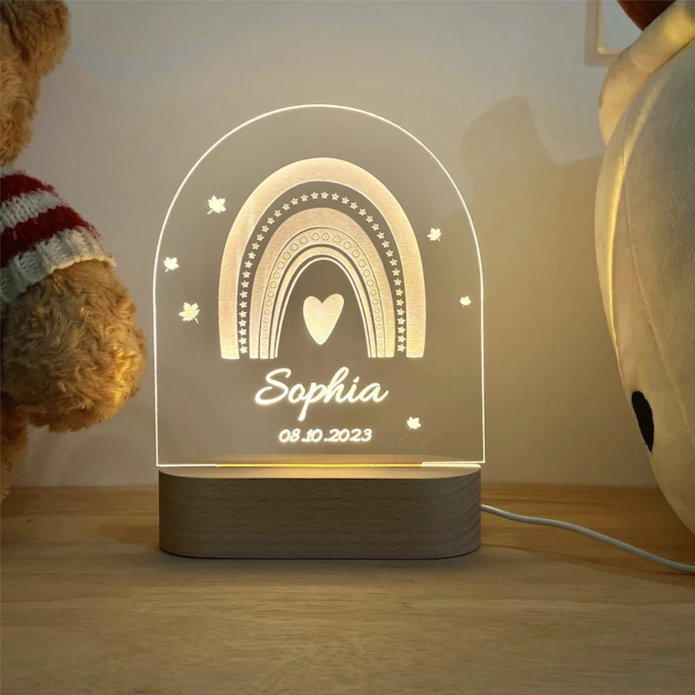 Veilleuse LED arc-en-ciel personnalisée pour nouveau-né, lampe avec nom personnalisé RVB, base chaude de 7 couleurs, décoration de table pour chambre d'enfant